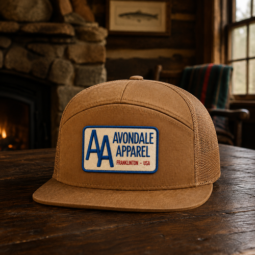 Caramel Avondale Apparel patch hat lifestyle view