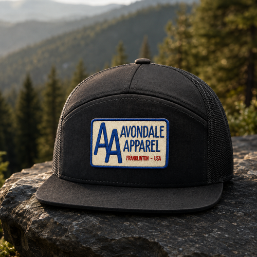 Navy Avondale Apparel patch hat lifestyle view