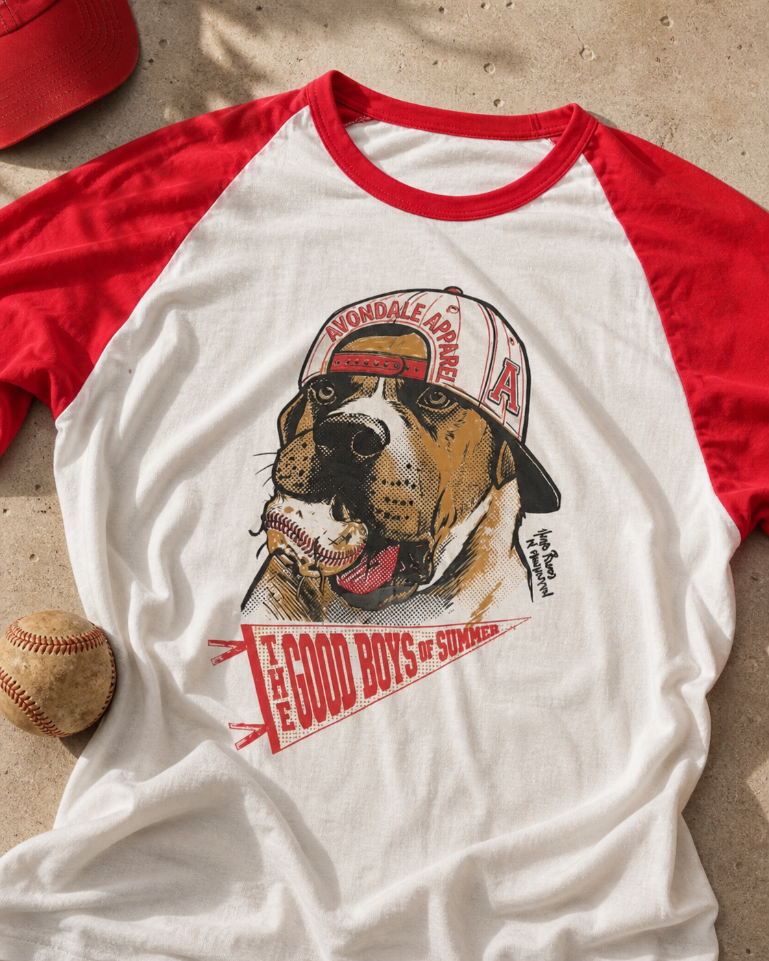 The Good Boys of Summer baseball tee flat lay with baseball