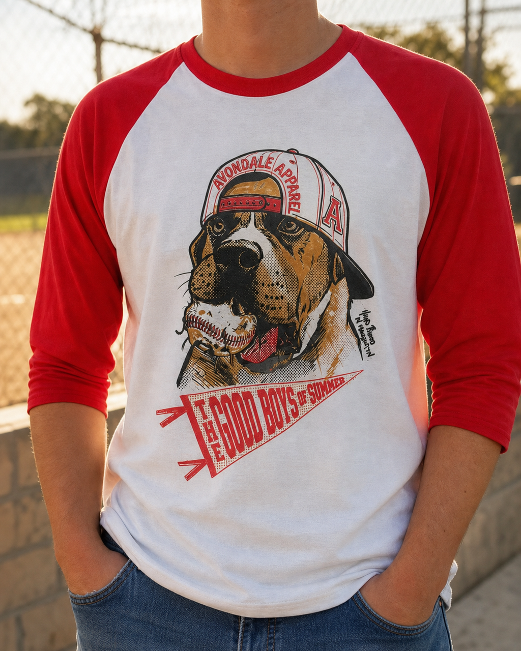 The Good Boys of Summer baseball tee on model, red raglan sleeves and Dobby graphic