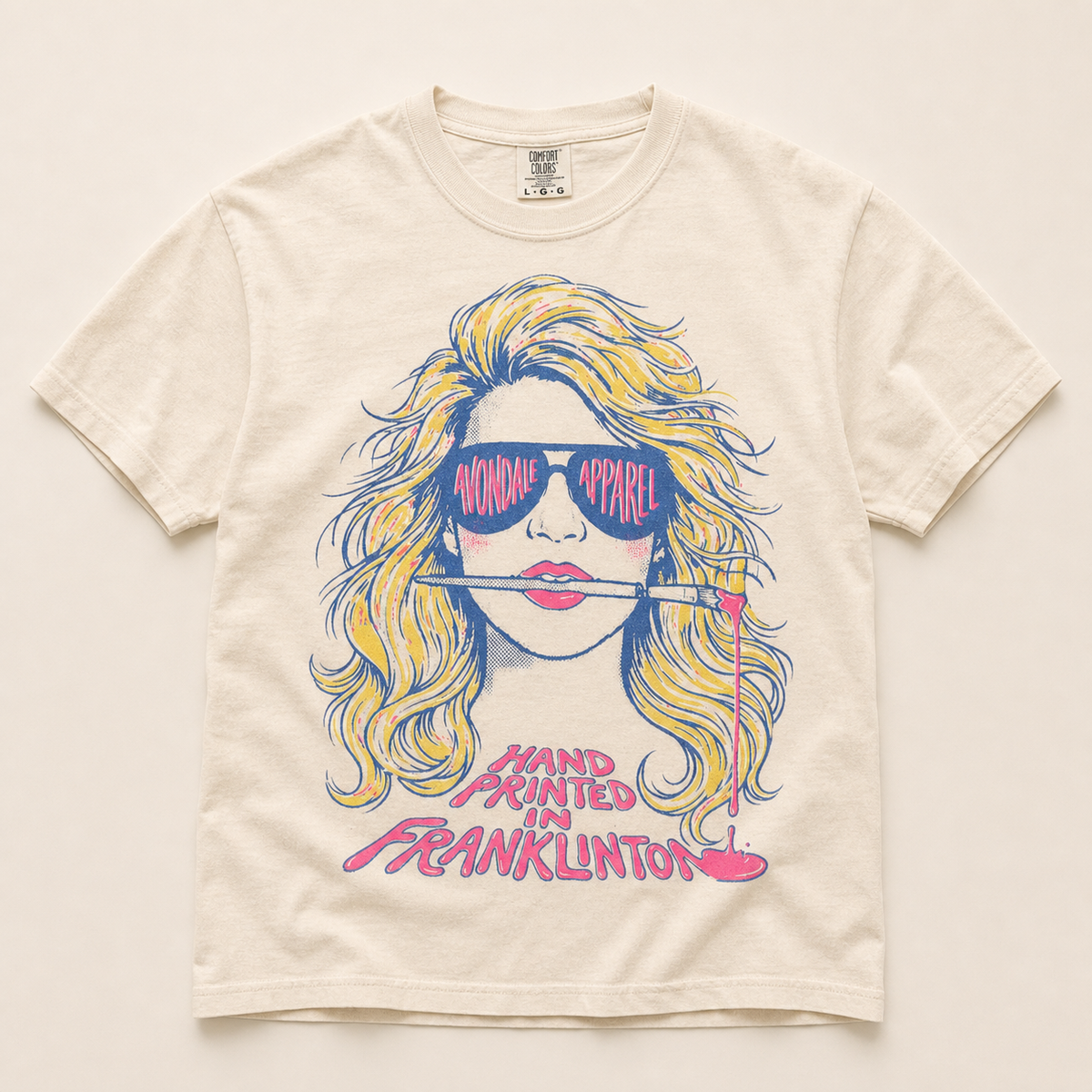 The Painter ivory tee product photo with hand printed Franklinton graphic